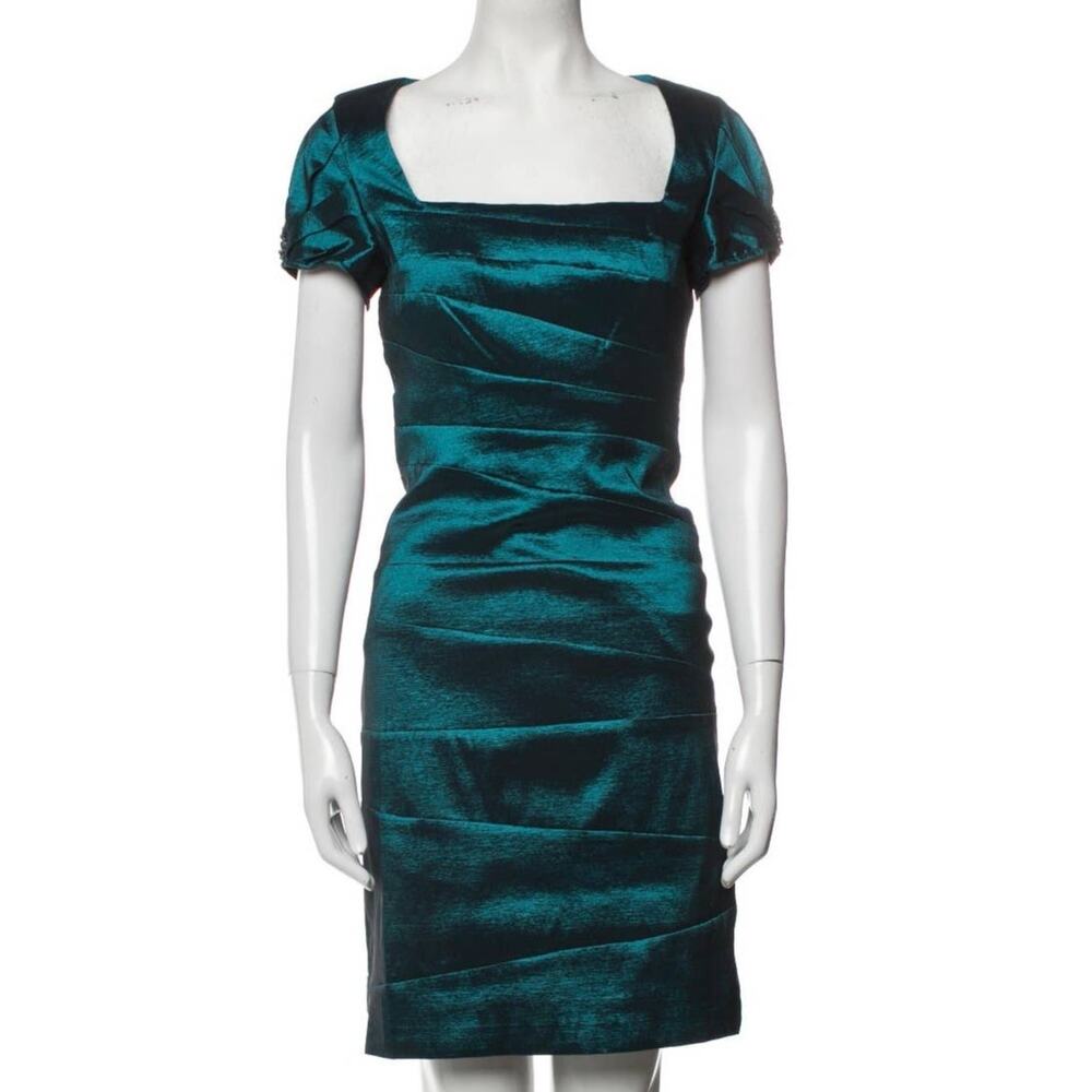 NWT Badgley Mischka Dress Womens 2 Ruched Square Neckline Teal SC0791A MSRP $395